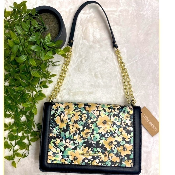 Nwt 🏷 STEVE MADDEN Breah Crossbody Floral Print Black Gold Chain Handbag Purse - Picture 1 of 11